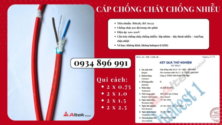 Cáp Chống Cháy Chống Nhiễu 2 X1.5 Đạt Chuẩn Bs6387, Iec 60331 Sơn La, Hòa Bình, Yên Bái