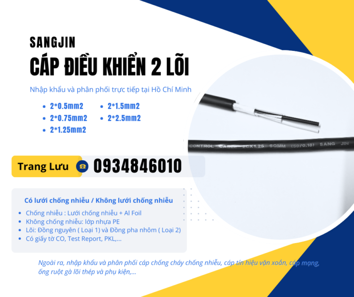 Cáp điều khiển Sangjin 2×0.5/2×0.75/2×1.25/2×1.5/2×2.5 Cần Thơ, Đồng Tháp, Long An