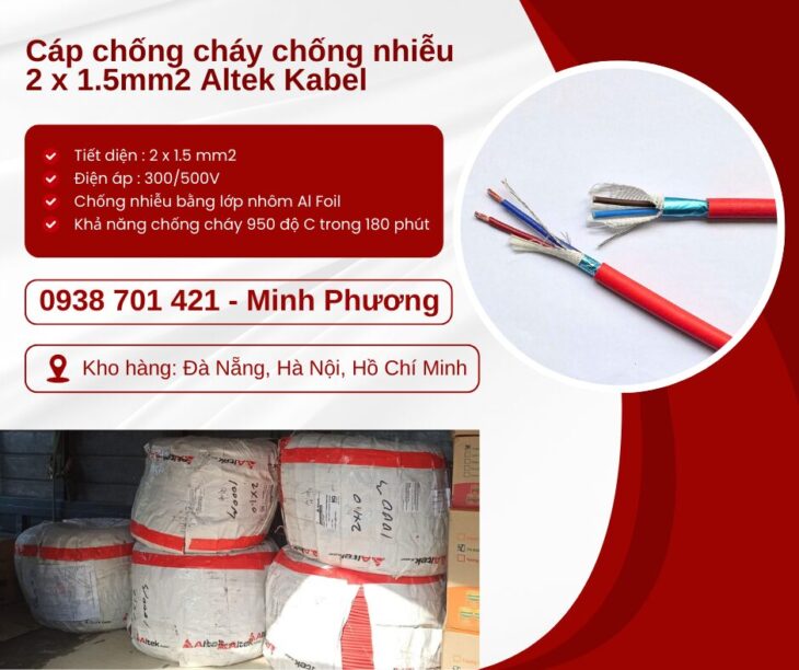 Dây cáp điện chống cháy chống nhiễu 2×1.5mm2 sẵn kho Đà Nẵng, Hà Nội, Hồ Chí Minh