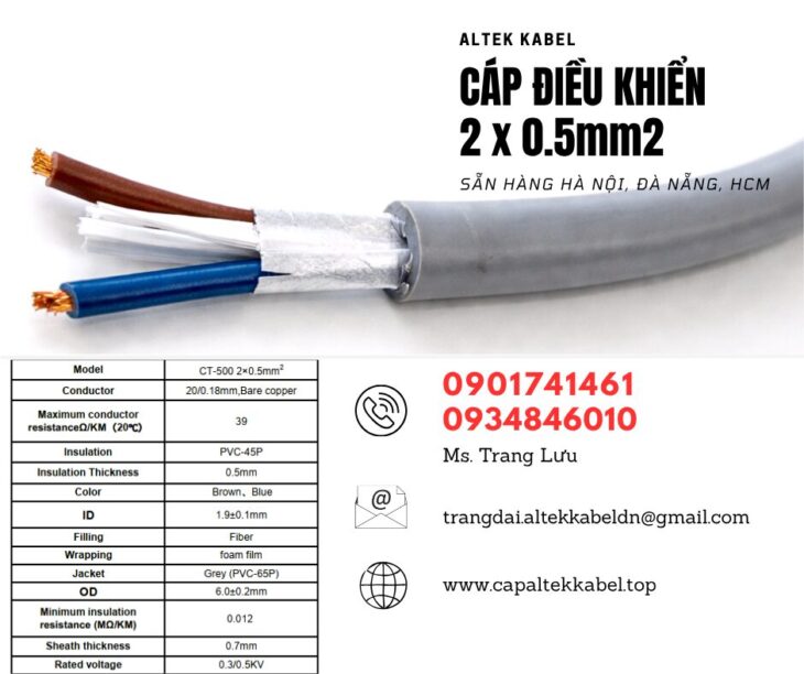 Cáp điều khiển, cáp tín hiệu 2×0.5 sẵn Đà Nẵng, Quảng Nam, Huế, Quảng Trị