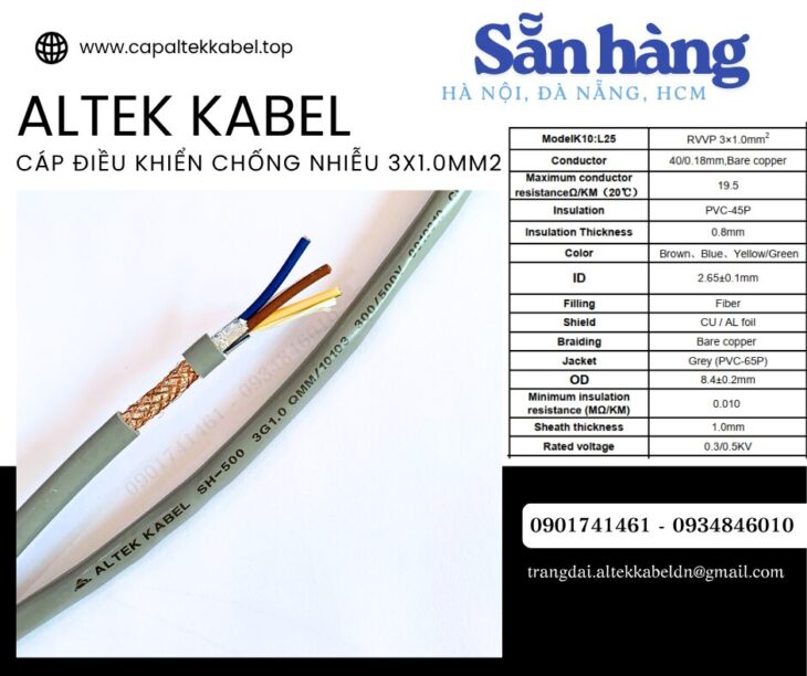 Cáp điều khiển Sh-500 3×1.0 chống nhiễu Altek Kabel sẵn Đà Nẵng, Hà Nội, Sài Gòn