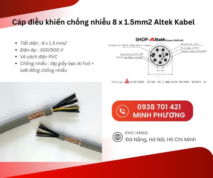 Cáp điều khiển chống nhiễu 8×1.5mm² Altek Kabel – Giải pháp truyền tín hiệu ổn định