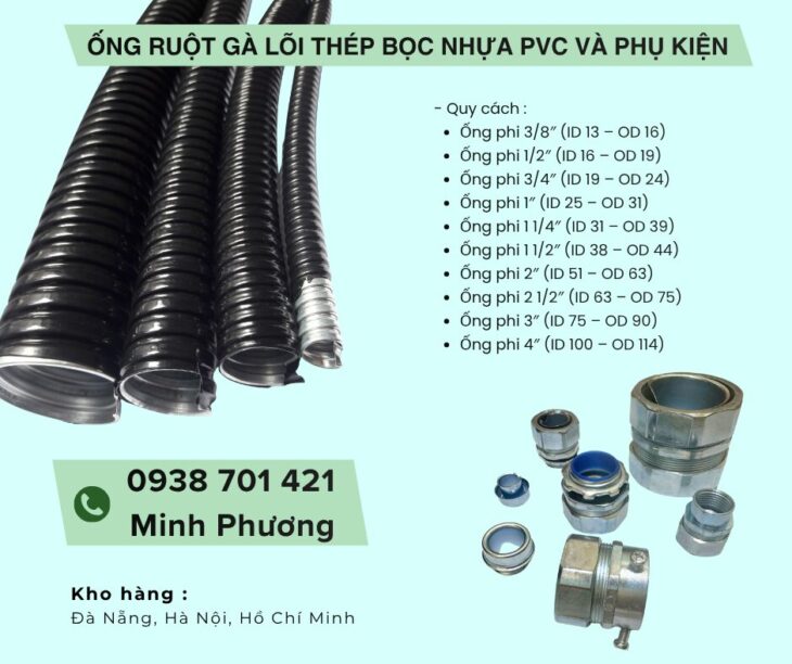 Ống Ruột Gà Lõi Thép Bọc Nhựa PVC Và phụ kiện ống kẽm giá tốt sẵn kho Đà Nẵng