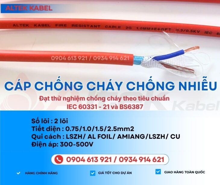 Dây tín hiệu chống cháy, chống nhiễu 2×1.5mm2 – IEC60331-BS6387