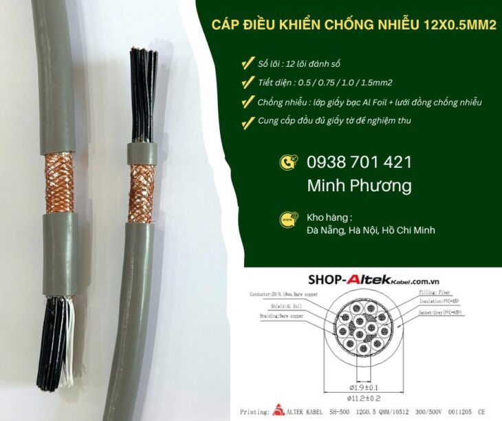Cáp điều khiển 12×0.5mm2 chống nhiễu chính hãng, giá tốt Đà Nẵng, Huế, Gia Lai
