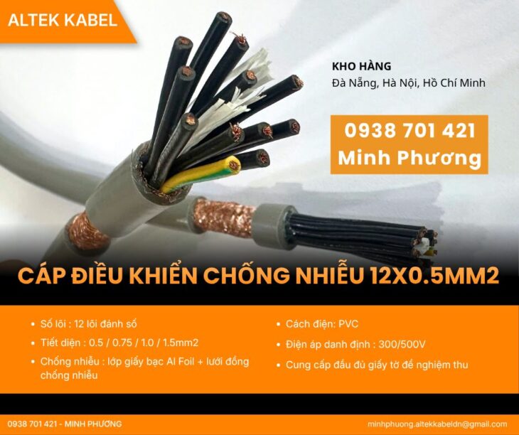 Cáp điều khiển 12×0.5mm2 chống nhiễu chính hãng, giá tốt Đà Nẵng, Huế, Gia Lai