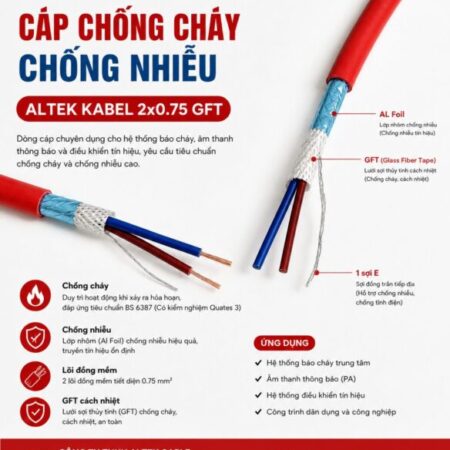Cáp chống cháy chống nhiễu 2×0.75mm² Altek Kabel – FR Cable 2 x 0.75 + E + GFT, LSZH, IEC 60331