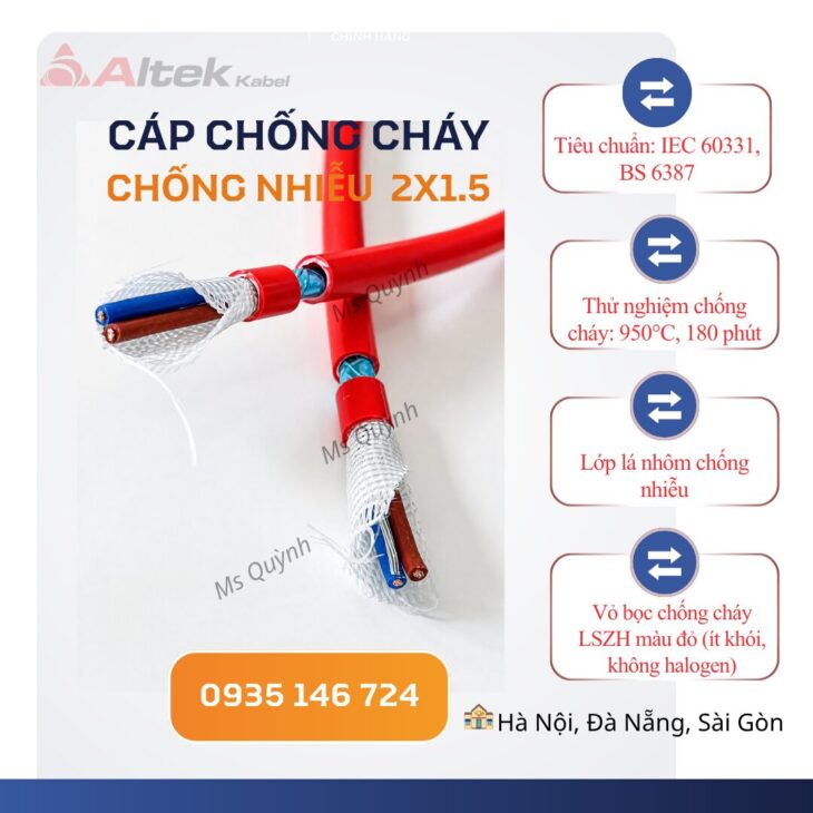 Cáp chống cháy chống nhiễu 2×1.5 Altek Kabel 180 phút