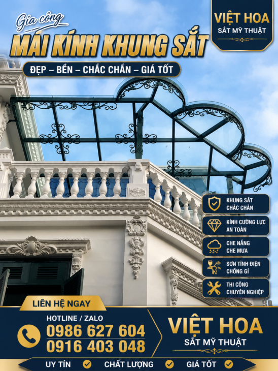 Gia Công Mái Kính Khung Sắt Mỹ Thuật – Vẻ Đẹp Của Hiện Đại và Cổ Điển
