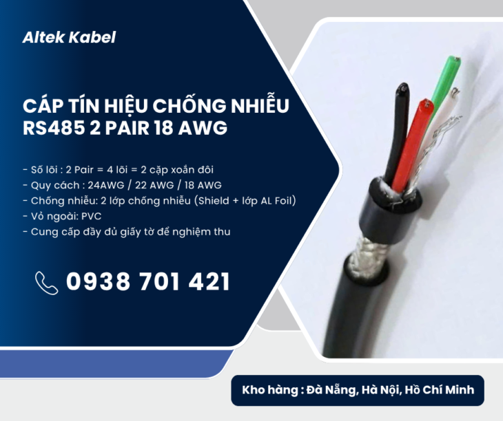 Cáp tín hiệu chống nhiễu RS485 2 Pair 18AWG phân phối Hà Nội, Hải Phòng, Hải Dương