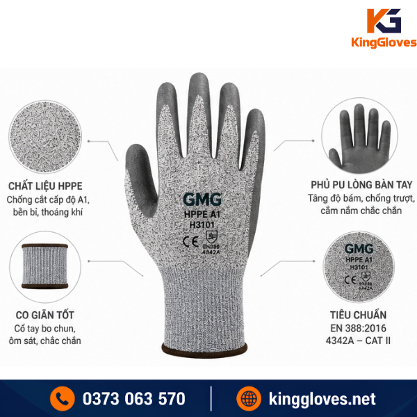 Găng tay chống cắt GMG HPPE A1 – H3101 – Lưu ý khi chọn găng tay cho dây chuyền sản xuất