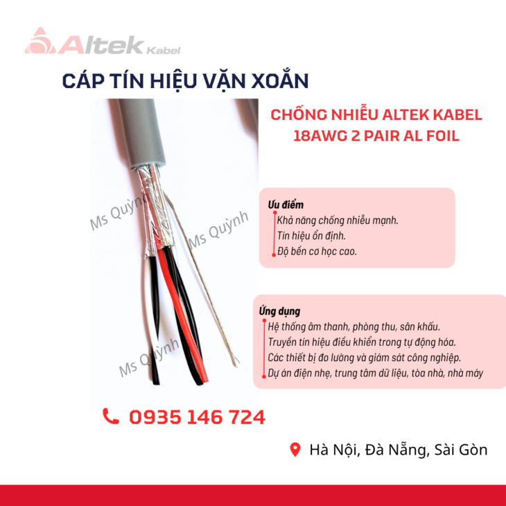 Cáp tín hiệu vặn xoắn chống nhiễu Altek Kabel 18AWG 2 Pair AL Foil